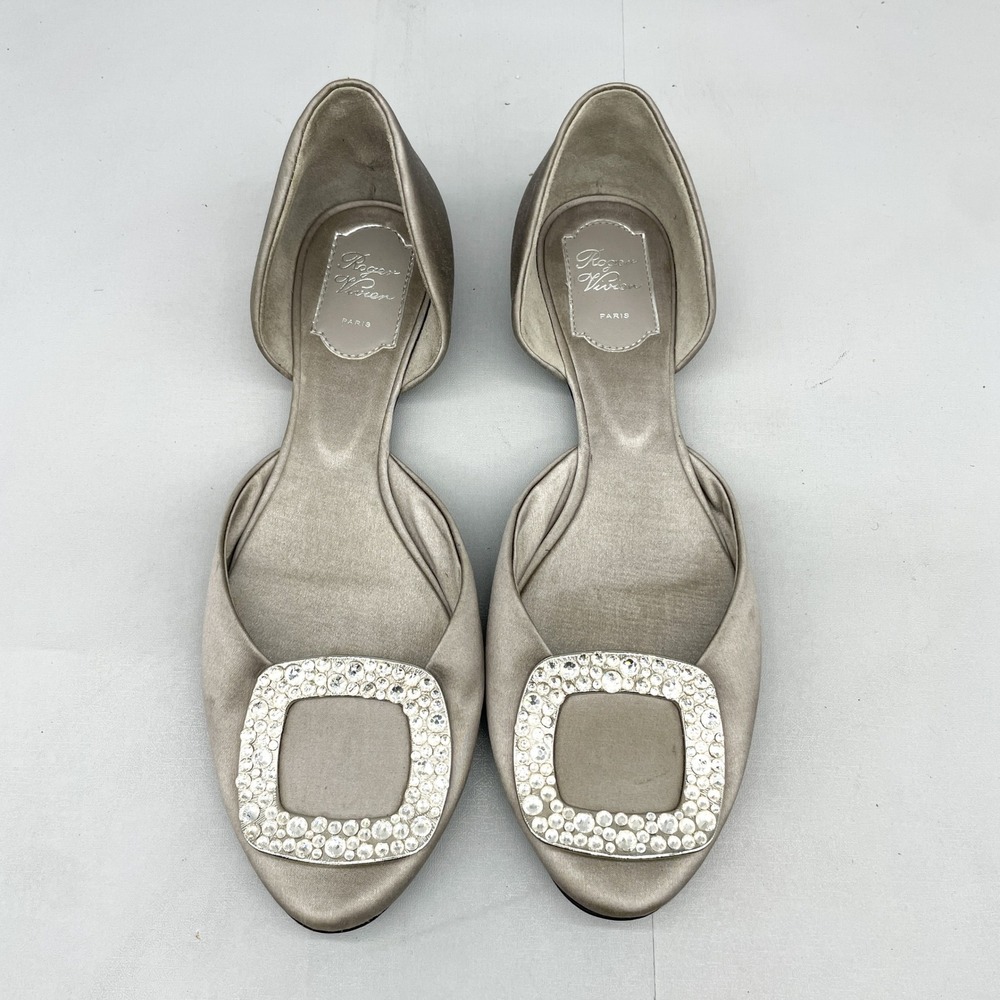 Roger Vivier Chips Grey Satin DOrsay Flats Crystal Buckle Womens 37 7 Shoes